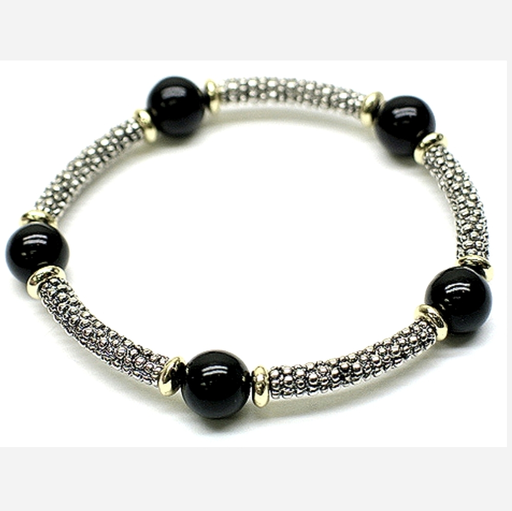 Silver/Gold Black Beaded Stretch Bracelet